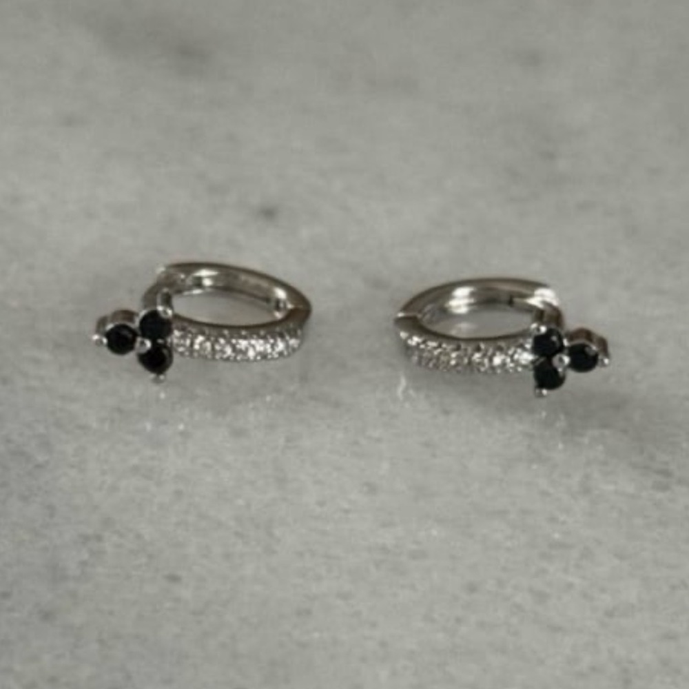 Sterling Silver Black Crystal Flower Small Huggie Hoop Earrings Brand New